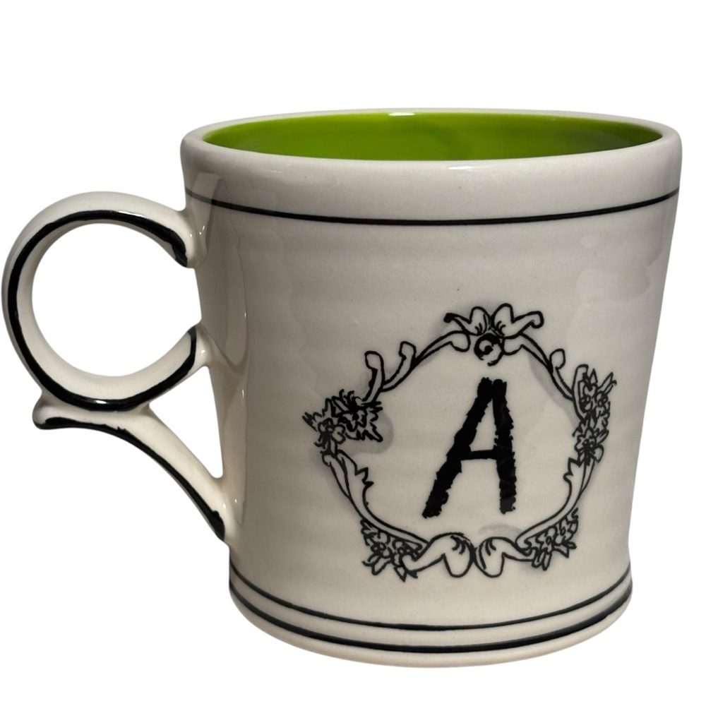 Katie mandy anthropology mug monogram letter a black white green stripes inside